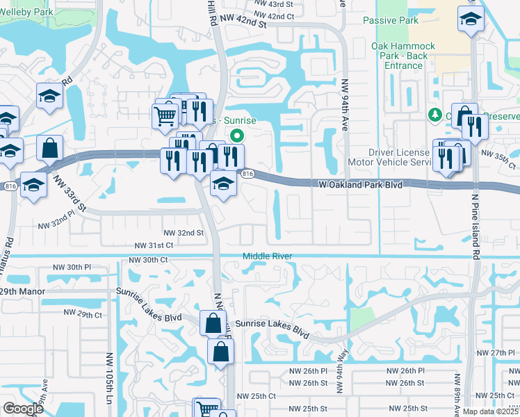 map of restaurants, bars, coffee shops, grocery stores, and more near 9711 Northwest 33rd Street in Sunrise