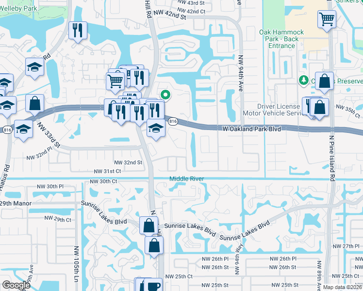 map of restaurants, bars, coffee shops, grocery stores, and more near 9711 Northwest 33rd Street in Sunrise