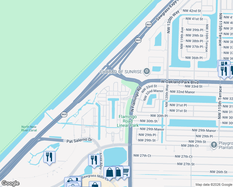 map of restaurants, bars, coffee shops, grocery stores, and more near 12521 Northwest 32nd Manor in Sunrise