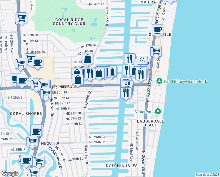 map of restaurants, bars, coffee shops, grocery stores, and more near 2878 East Oakland Park Boulevard in Fort Lauderdale