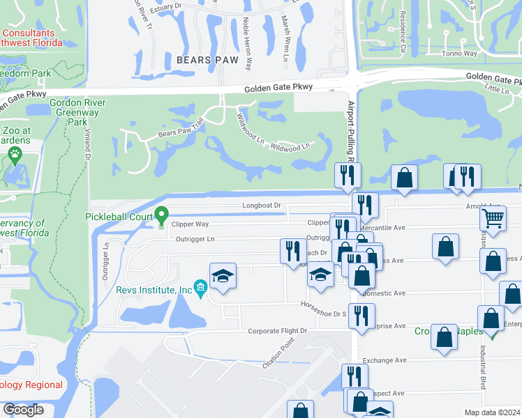 map of restaurants, bars, coffee shops, grocery stores, and more near 2520 Longboat Drive in Naples