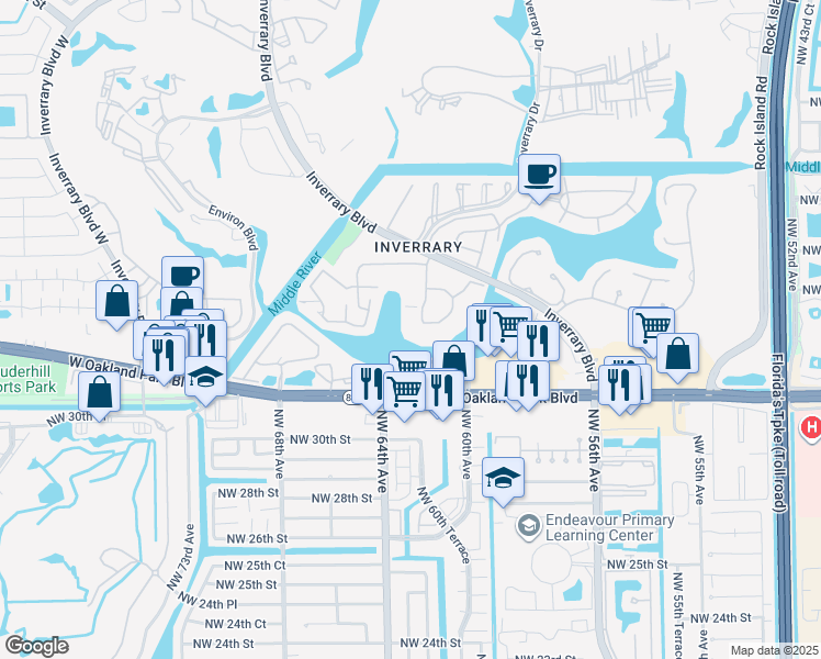 map of restaurants, bars, coffee shops, grocery stores, and more near 3301 Spanish Moss Terrace in Lauderhill