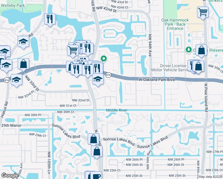 map of restaurants, bars, coffee shops, grocery stores, and more near 3360 Northwest 97th Terrace in Sunrise