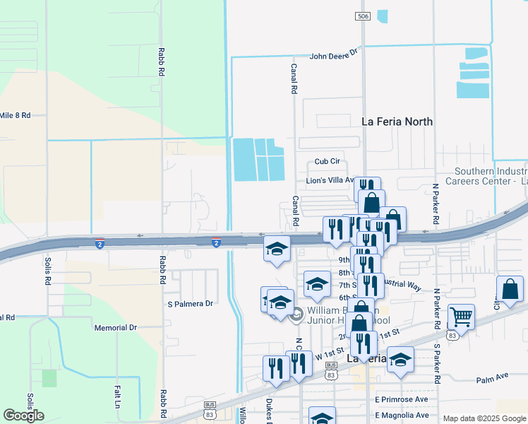 map of restaurants, bars, coffee shops, grocery stores, and more near 800 West Expressway 83 in La Feria