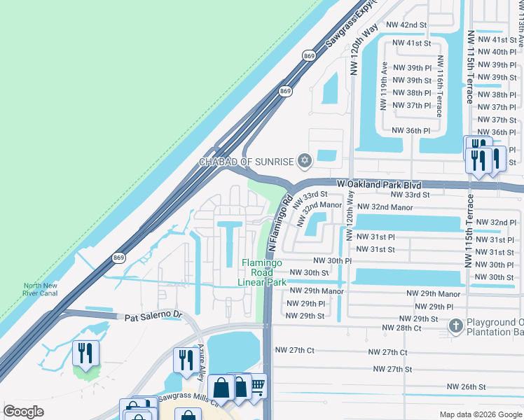 map of restaurants, bars, coffee shops, grocery stores, and more near 3351 Northwest 124th Terrace in Sunrise
