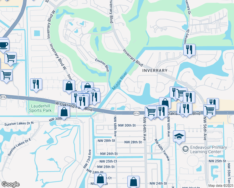 map of restaurants, bars, coffee shops, grocery stores, and more near 107 Landings Drive in Lauderhill