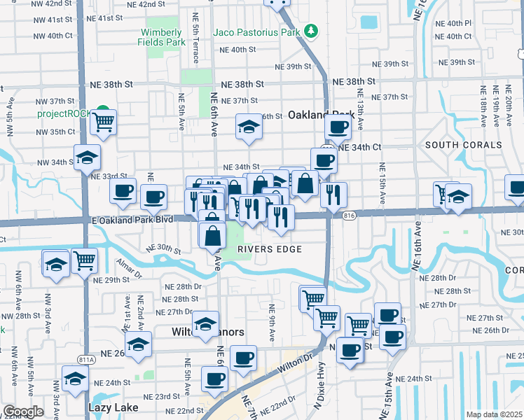 map of restaurants, bars, coffee shops, grocery stores, and more near 827 Northeast 31st Street in Oakland Park
