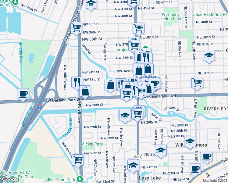 map of restaurants, bars, coffee shops, grocery stores, and more near 340 Northwest 32nd Court in Oakland Park