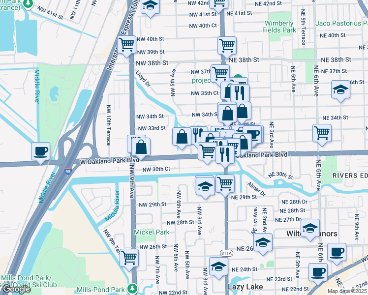 map of restaurants, bars, coffee shops, grocery stores, and more near 340 Northwest 32nd Court in Oakland Park