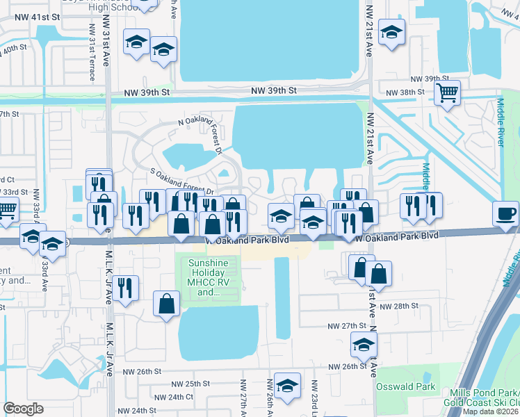 map of restaurants, bars, coffee shops, grocery stores, and more near 2622 Northwest 33rd Street in Oakland Park