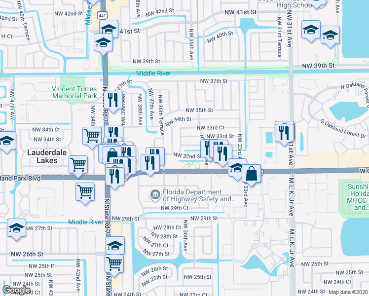 map of restaurants, bars, coffee shops, grocery stores, and more near 3555 Northwest 32nd Court in Lauderdale Lakes