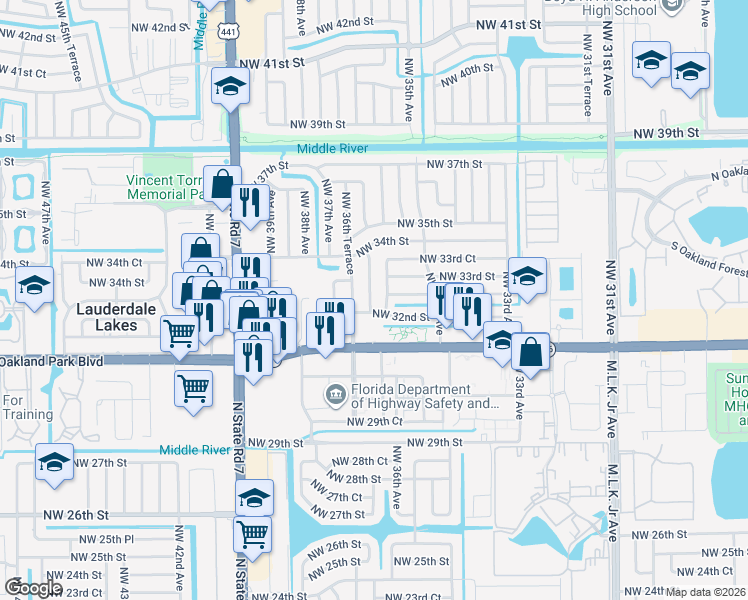 map of restaurants, bars, coffee shops, grocery stores, and more near 3341 Northwest 36th Avenue in Lauderdale Lakes