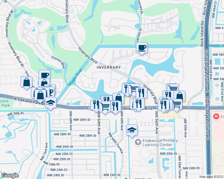 map of restaurants, bars, coffee shops, grocery stores, and more near 3366 Spanish Moss Terrace in Lauderhill