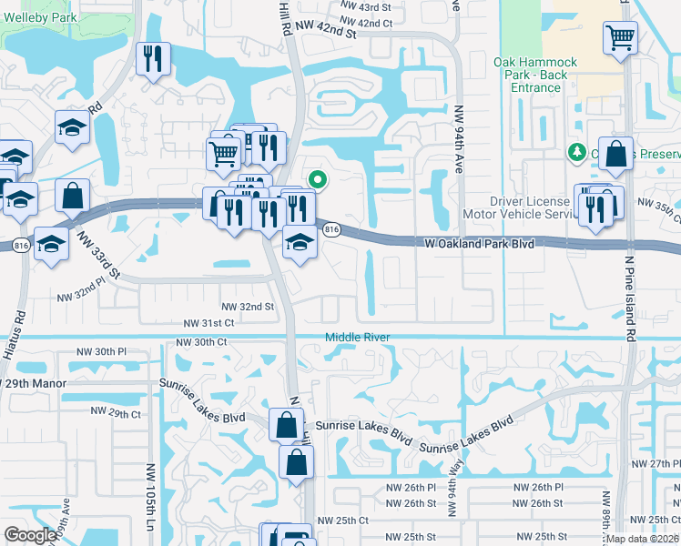 map of restaurants, bars, coffee shops, grocery stores, and more near 3360 Northwest 97th Terrace in Sunrise