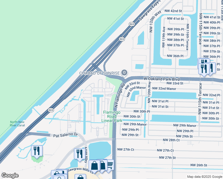map of restaurants, bars, coffee shops, grocery stores, and more near 3351 Northwest 124th Terrace in Sunrise