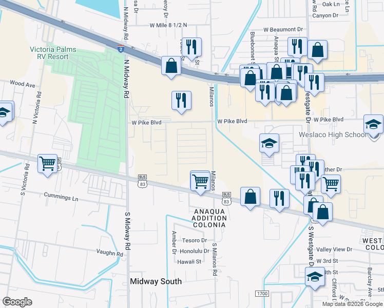 map of restaurants, bars, coffee shops, grocery stores, and more near 600 North Milano Road in Weslaco