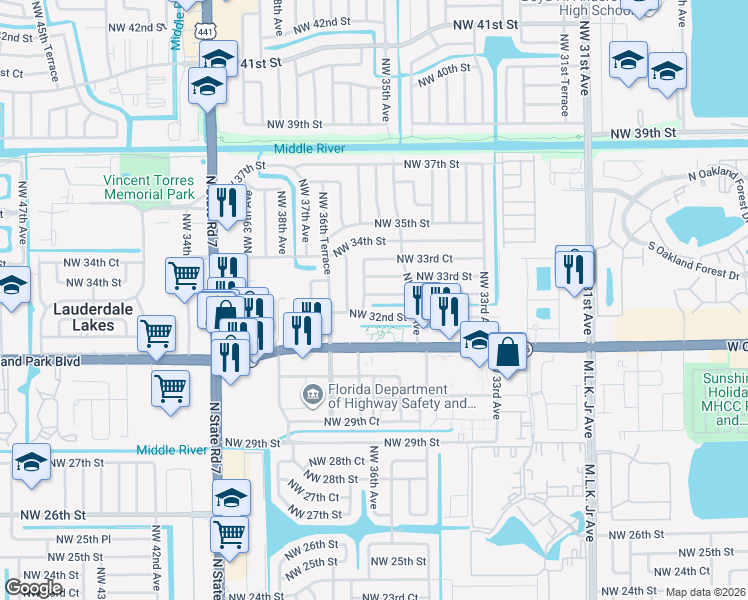 map of restaurants, bars, coffee shops, grocery stores, and more near 3555 Northwest 32nd Court in Lauderdale Lakes