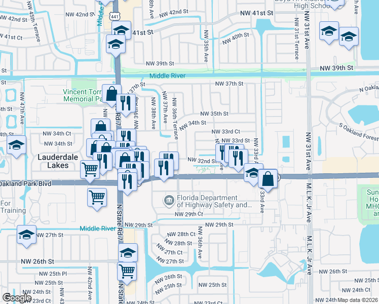 map of restaurants, bars, coffee shops, grocery stores, and more near 3341 Northwest 36th Avenue in Lauderdale Lakes