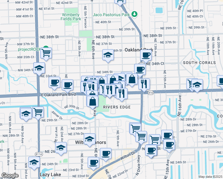 map of restaurants, bars, coffee shops, grocery stores, and more near 827 Northeast 31st Street in Oakland Park