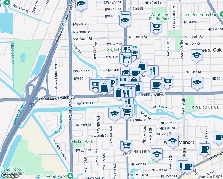 map of restaurants, bars, coffee shops, grocery stores, and more near 220 Northwest 32nd Court in Oakland Park
