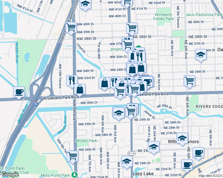 map of restaurants, bars, coffee shops, grocery stores, and more near 340 Northwest 32nd Court in Oakland Park