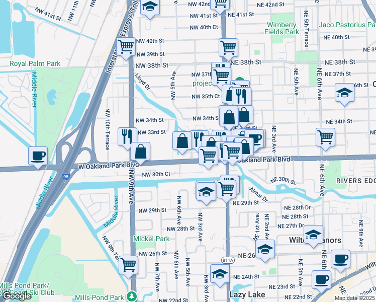 map of restaurants, bars, coffee shops, grocery stores, and more near 340 Northwest 32nd Court in Oakland Park