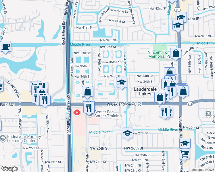 map of restaurants, bars, coffee shops, grocery stores, and more near 3341 Northwest 47th Terrace in Lauderdale Lakes