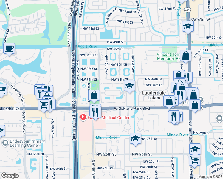 map of restaurants, bars, coffee shops, grocery stores, and more near 3341 Northwest 47th Terrace in Lauderdale Lakes