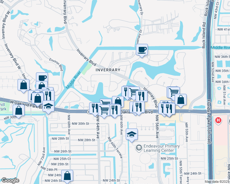 map of restaurants, bars, coffee shops, grocery stores, and more near 3366 Spanish Moss Terrace in Lauderhill