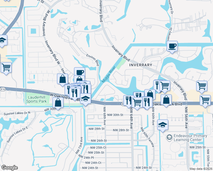 map of restaurants, bars, coffee shops, grocery stores, and more near Landings Drive in Lauderhill