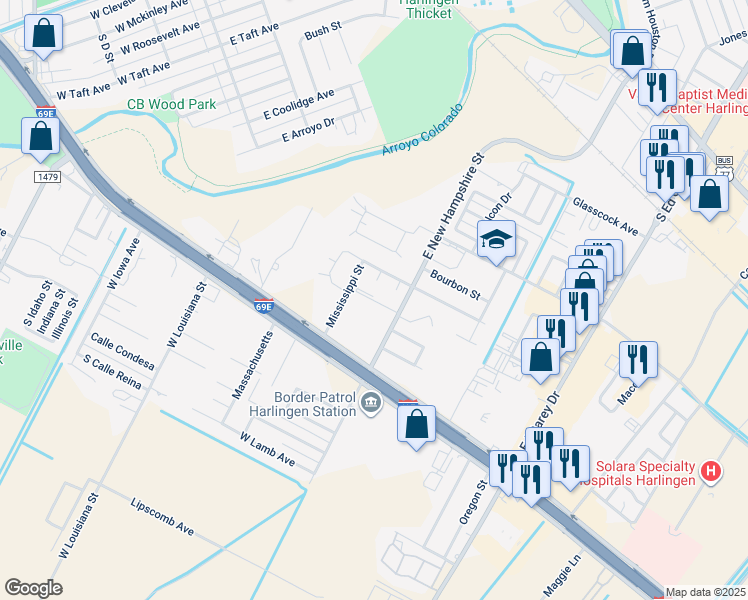 map of restaurants, bars, coffee shops, grocery stores, and more near 505 Alonzo Circle in Harlingen