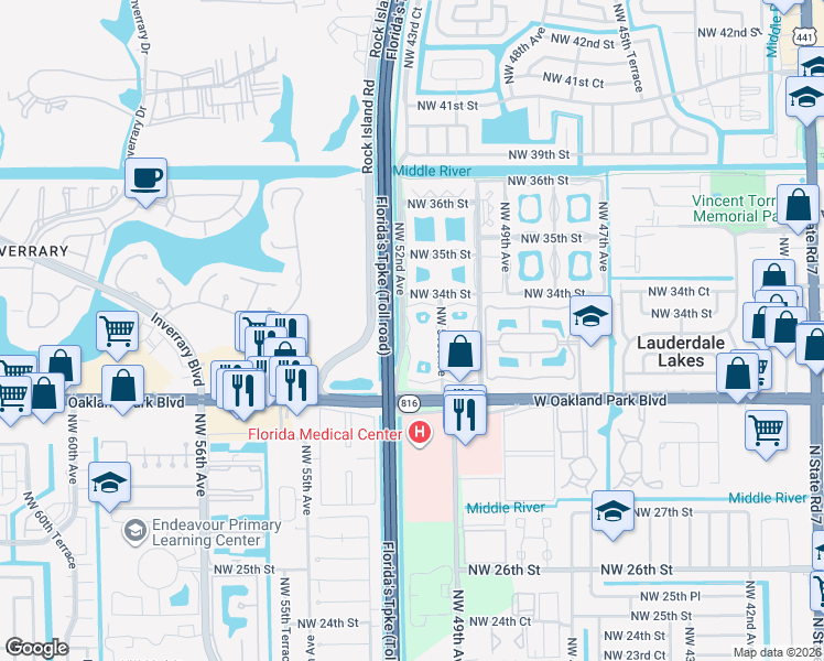 map of restaurants, bars, coffee shops, grocery stores, and more near 5151 West Oakland Park Boulevard in Lauderdale Lakes