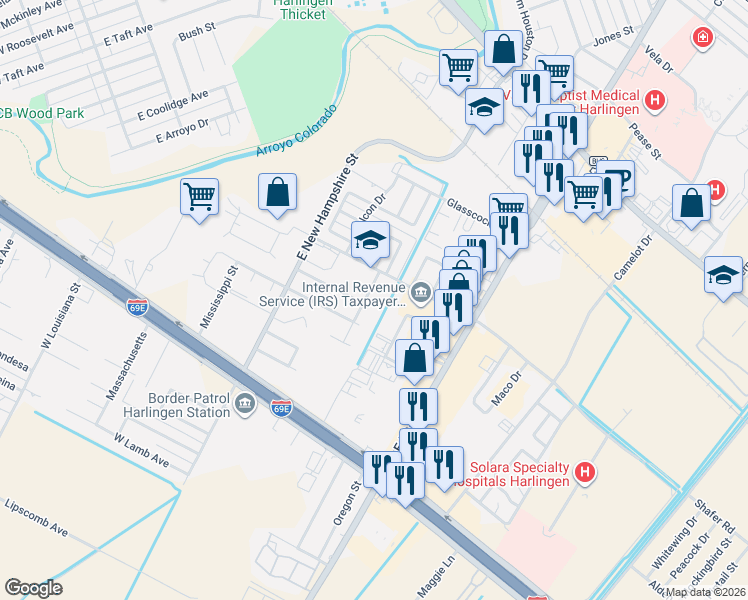 map of restaurants, bars, coffee shops, grocery stores, and more near 3936 Bourbon Street in Harlingen