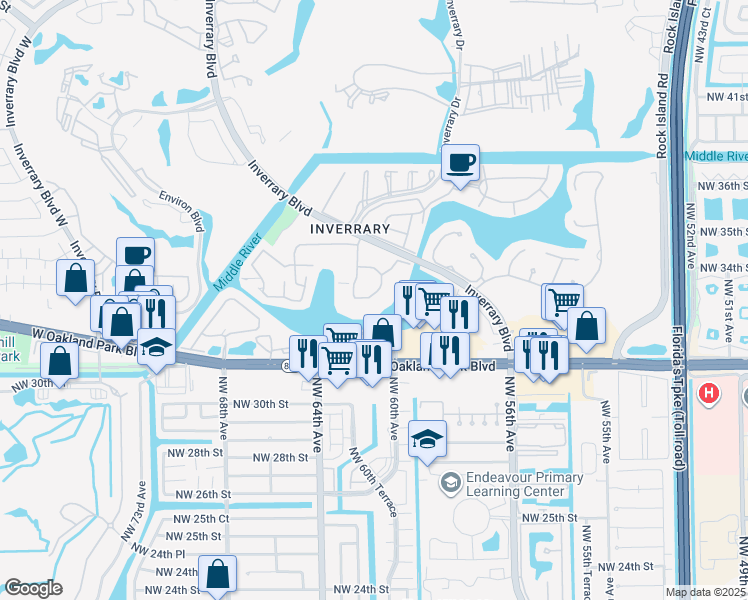 map of restaurants, bars, coffee shops, grocery stores, and more near 3366 Spanish Moss Terrace in Lauderhill