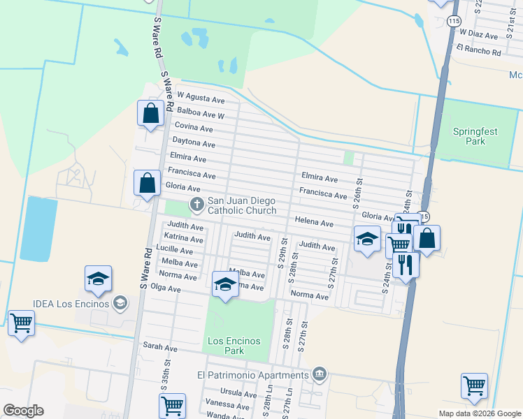 map of restaurants, bars, coffee shops, grocery stores, and more near 3109 Gloria Avenue in McAllen