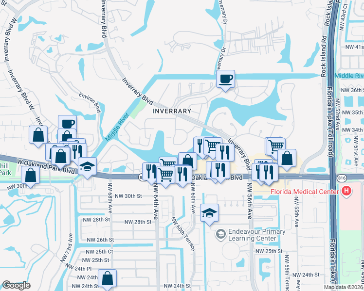 map of restaurants, bars, coffee shops, grocery stores, and more near 3280 Spanish Moss Terrace in Lauderhill