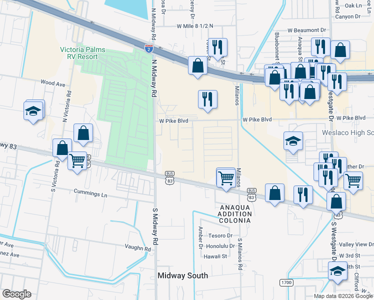 map of restaurants, bars, coffee shops, grocery stores, and more near 3017 West Pike Boulevard in Weslaco