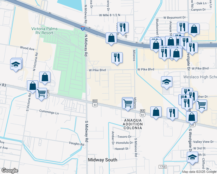 map of restaurants, bars, coffee shops, grocery stores, and more near 3017 West Pike Boulevard in Weslaco