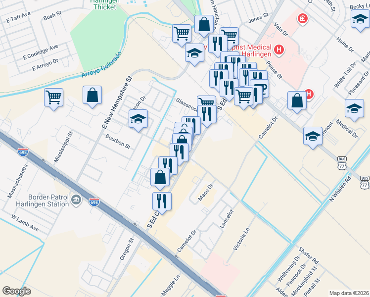 map of restaurants, bars, coffee shops, grocery stores, and more near 821 North Ed Carey Drive in Harlingen