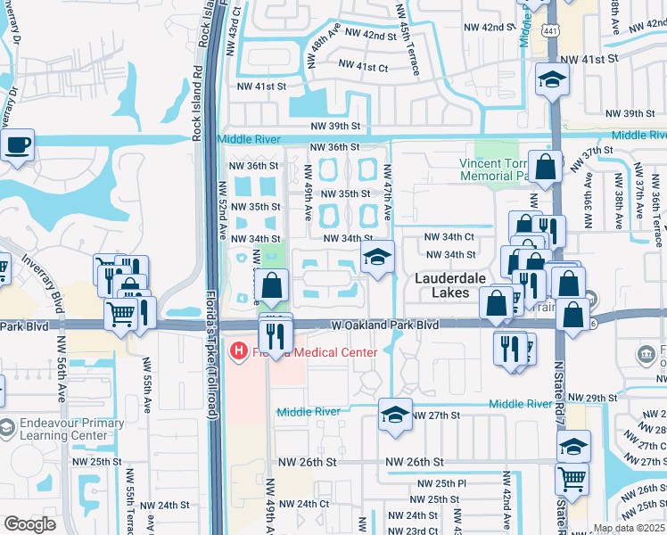 map of restaurants, bars, coffee shops, grocery stores, and more near 3341 Northwest 47th Terrace in Lauderdale Lakes