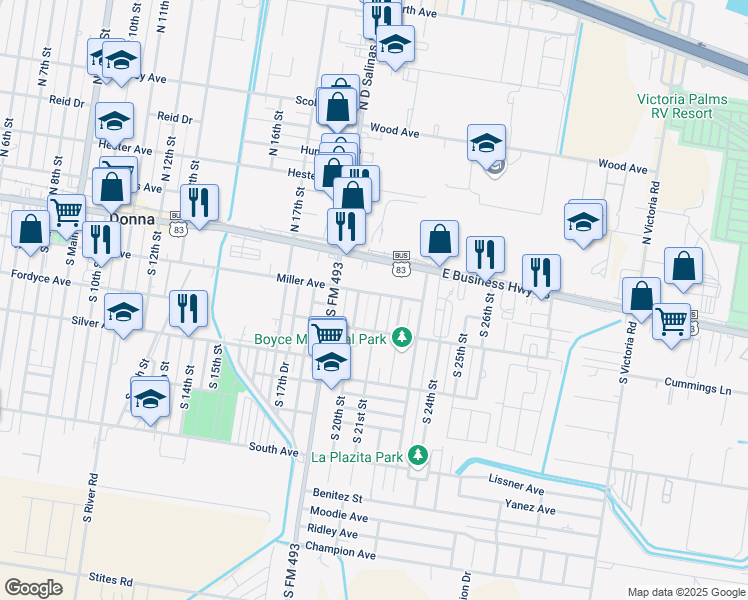 map of restaurants, bars, coffee shops, grocery stores, and more near 201 South 21st Street in Donna