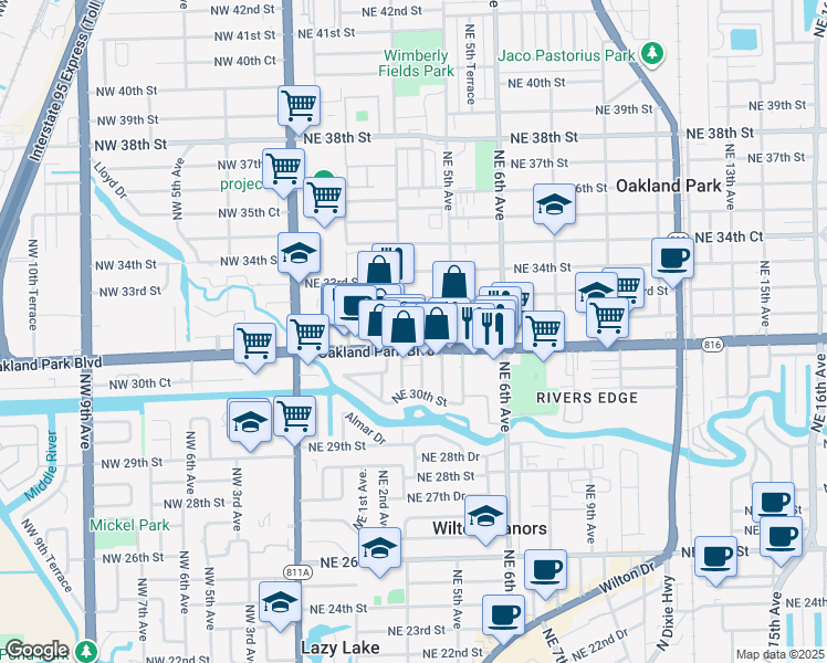 map of restaurants, bars, coffee shops, grocery stores, and more near 312 Northeast 32nd Street in Oakland Park