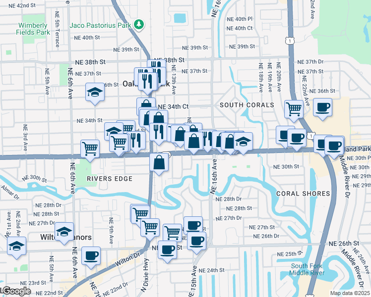 map of restaurants, bars, coffee shops, grocery stores, and more near 1421 East Oakland Park Boulevard in Oakland Park