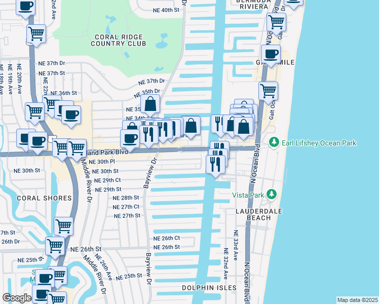 map of restaurants, bars, coffee shops, grocery stores, and more near 2878 East Oakland Park Boulevard in Fort Lauderdale