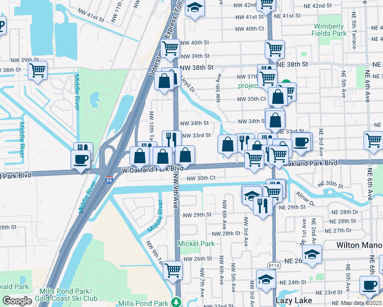 map of restaurants, bars, coffee shops, grocery stores, and more near 3212 Powerline Road in Oakland Park
