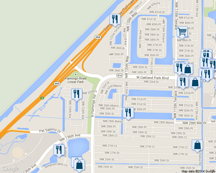 map of restaurants, bars, coffee shops, grocery stores, and more near 12265 Northwest 32nd Manor in Sunrise