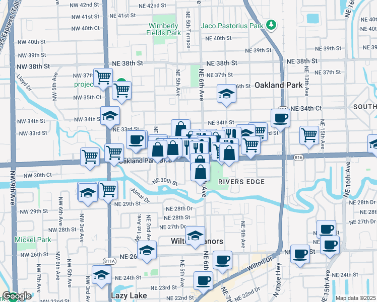 map of restaurants, bars, coffee shops, grocery stores, and more near 581 Northeast 32nd Street in Oakland Park