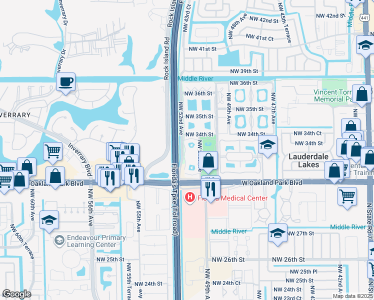 map of restaurants, bars, coffee shops, grocery stores, and more near 5151 West Oakland Park Boulevard in Lauderdale Lakes
