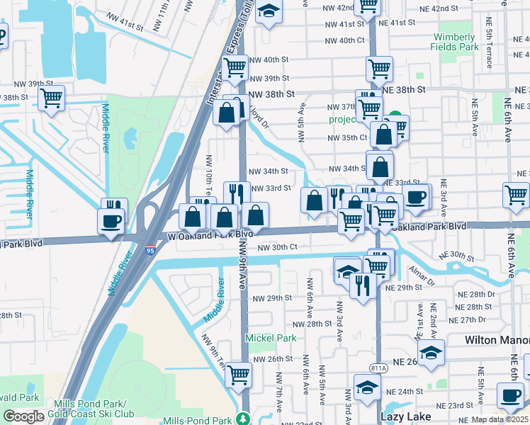 map of restaurants, bars, coffee shops, grocery stores, and more near 3212 Powerline Road in Oakland Park