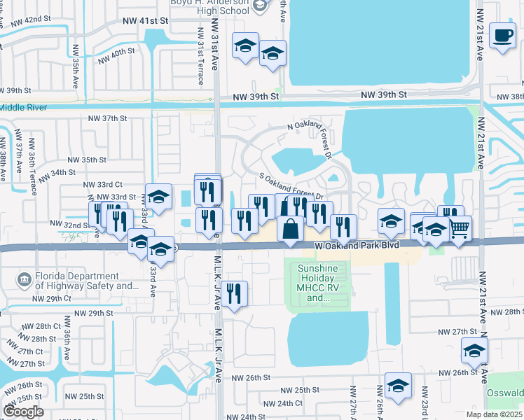 map of restaurants, bars, coffee shops, grocery stores, and more near 3127 Oakland Shores Drive in Oakland Park